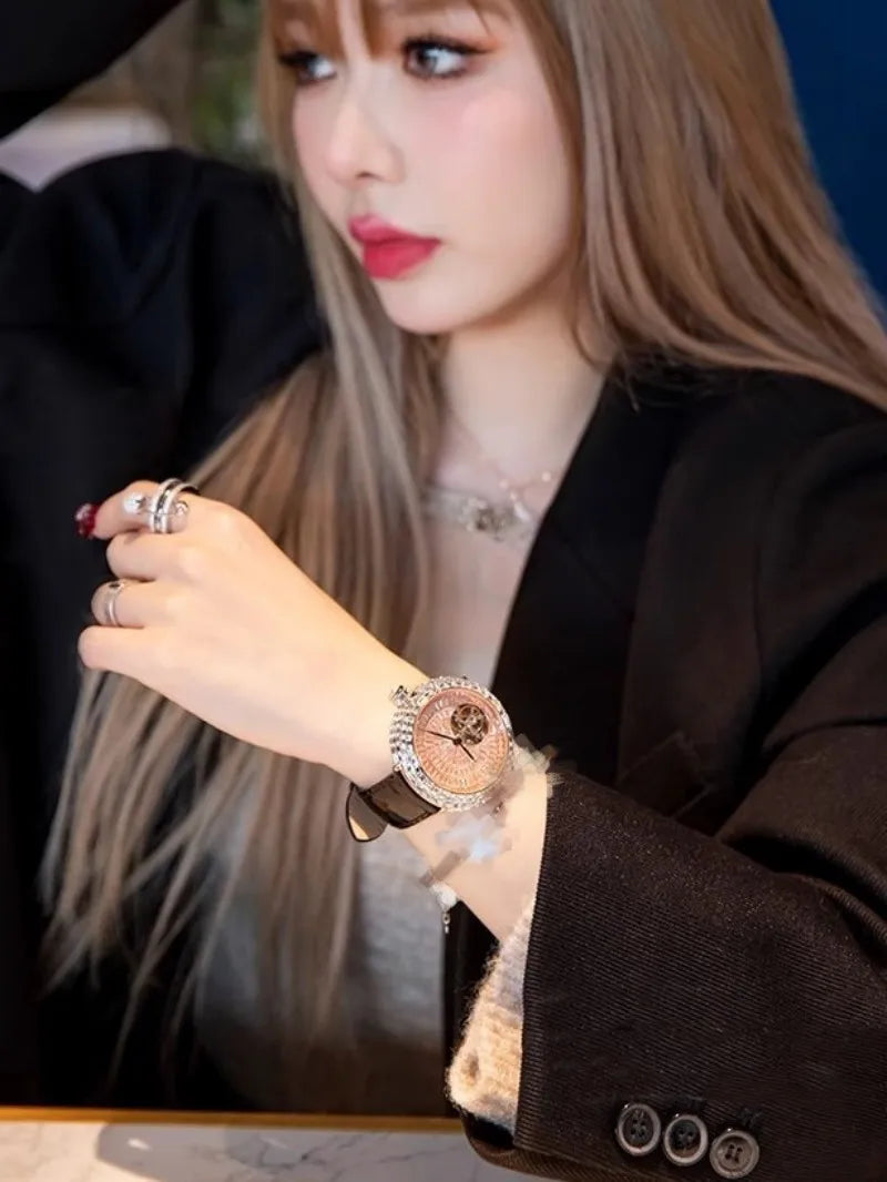 Ladies Fashion Mechanical Watch Designer New Elegant Luxury Diamonds Genuine Leather Strap Needle Buckle Women Fine Wristwatch