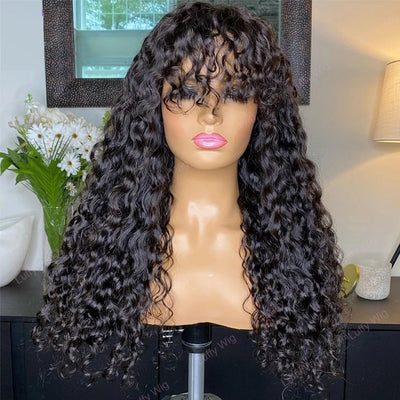 Curly Wig With Bangs Kinky Curly Human Hair Wig With Bangs Full Machine Made Frontal Wig 12A Water Wave Virgin Human Hair Wigs
