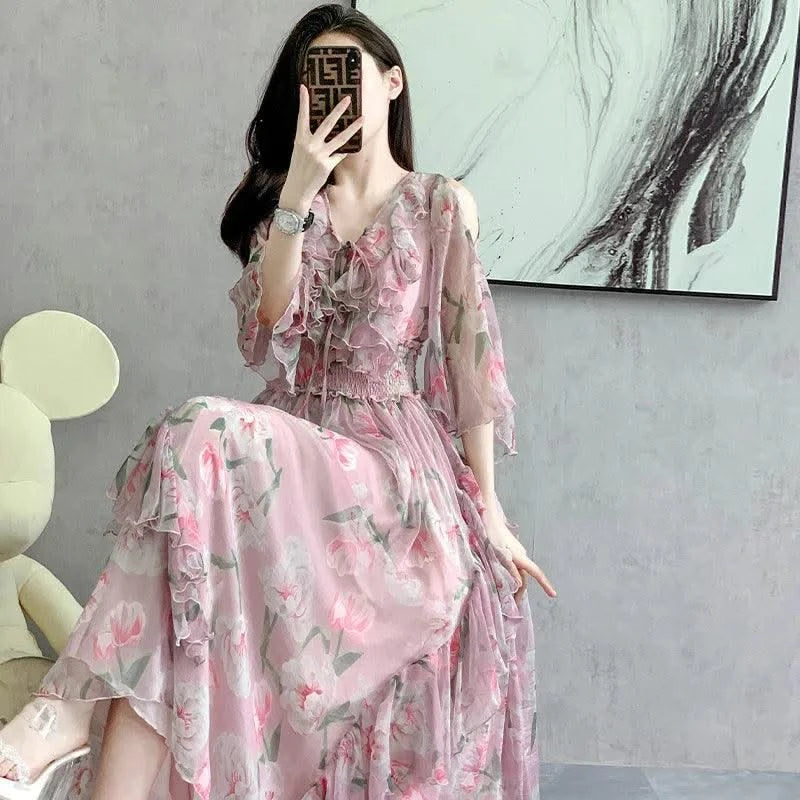Women Sexy Off Shoulder V Neck Floral Print Dress Summer Gorgeous Flower Pink Chiffon Cascading Ruffles Evening Party Prom Robe