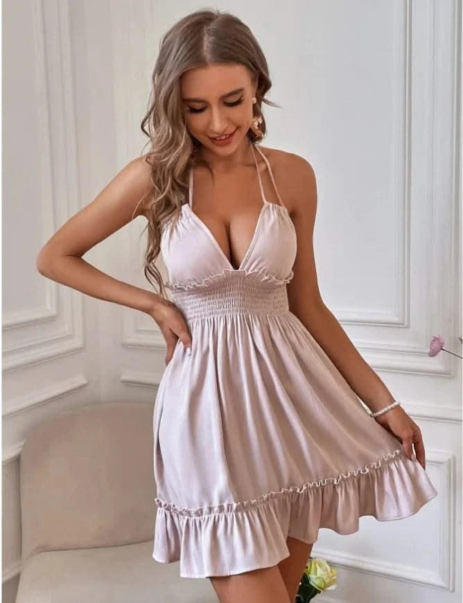 Summer Dresses For Women Trendy Solid Boho Dress V Neck Sleeveless Halter Backless Sundress Ruffles Holiday Beach Dresses