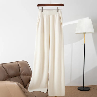 100% merino wool women's knitted trousers, fashionable, warm, drawstring, pockets, wide-leg pants, new autumn and winter 2024