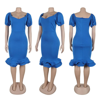 Elegant Party Dress for Women Ruffle Evening Dresses Lantern Short Sleeve Fishtail Tiered Wedding Dress Women