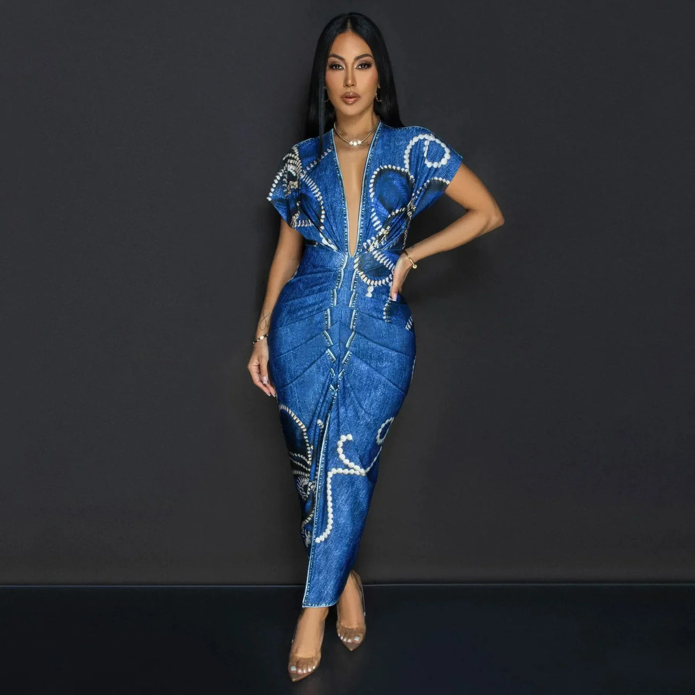 Fashionable Short Sleeve V-Neck Printed Slim Fit African Style Women's Dress K10822 Cross-Border Elegant Chic Dress