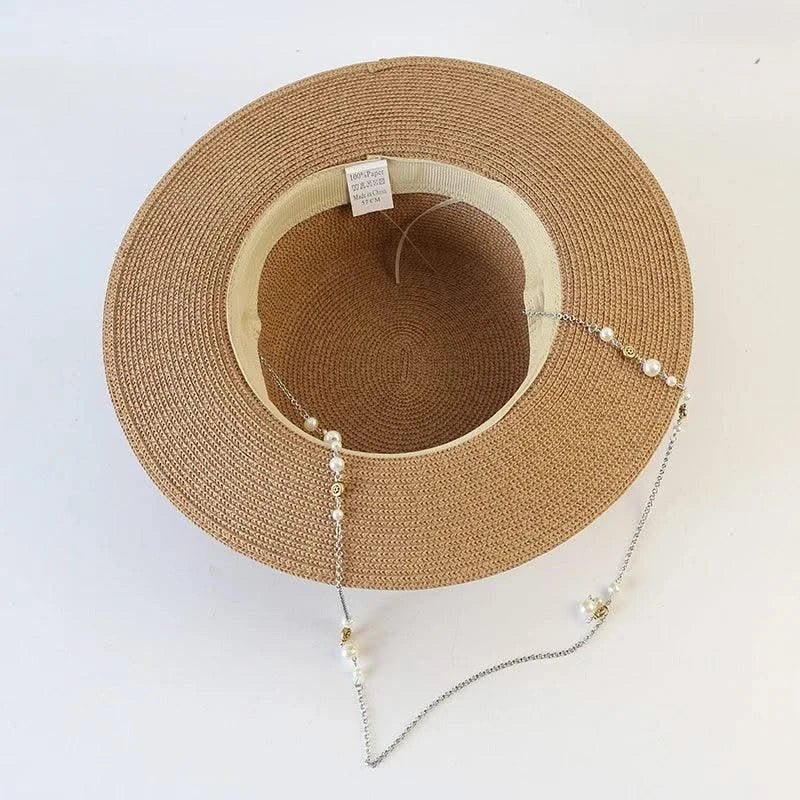 New Women Summer Hats Straw Sun Hat Panama Elegant Straw Fedoras Lady Girl Outdoor Vacation with Pearl Chain Sunshade Beach Hat