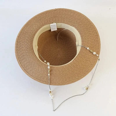 New Women Summer Hats Straw Sun Hat Panama Elegant Straw Fedoras Lady Girl Outdoor Vacation with Pearl Chain Sunshade Beach Hat