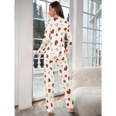 Sleepwear Women's Black Love Print Long Sleeve Trousers Student Loungewear Pajama Set Girl O-Neck Fashion Soft Casual Nightwear
