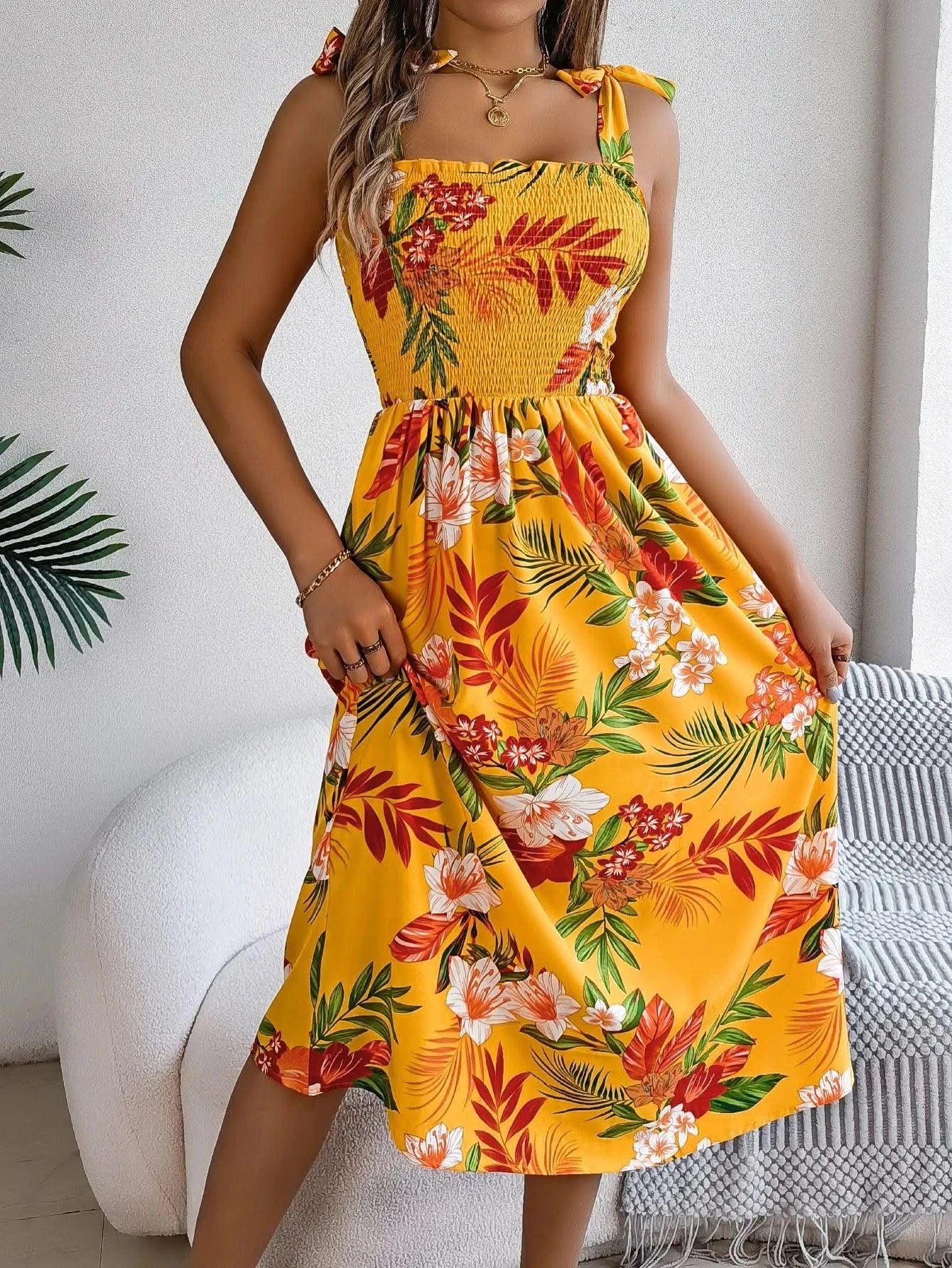 Spring Summer Floral Print Long Dress Lace up Sleeveless Vacation Dresses for Women