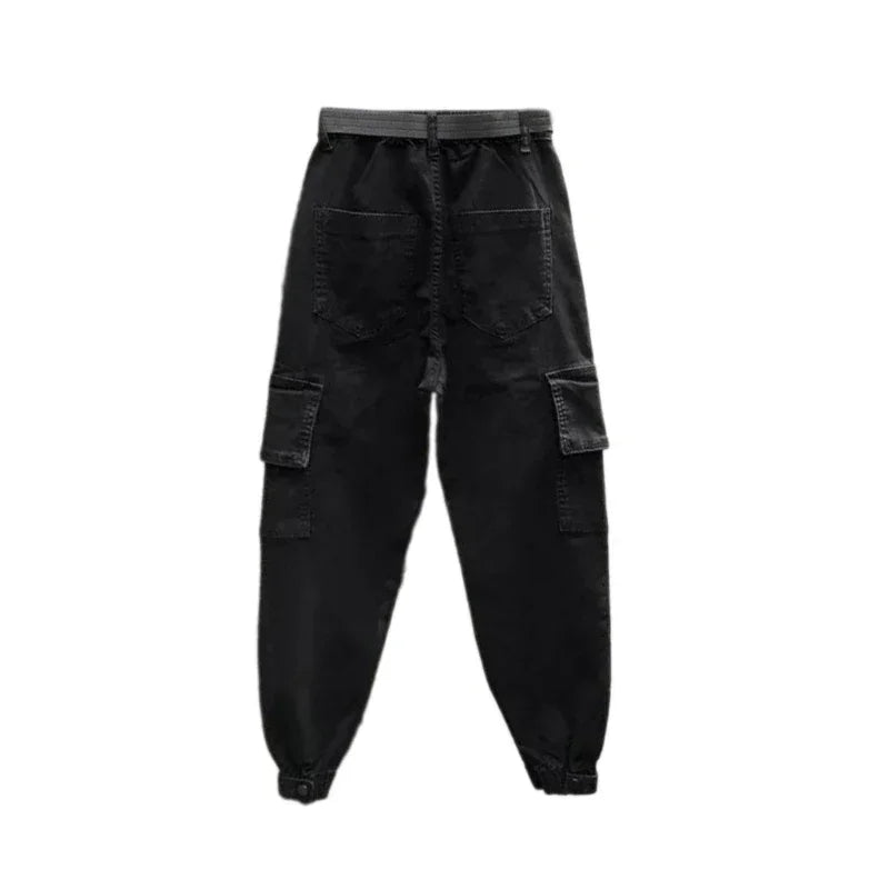 Women Jeans Jogger Pant Elastic Waist Solid Denims Trousers with Flap Pocekts