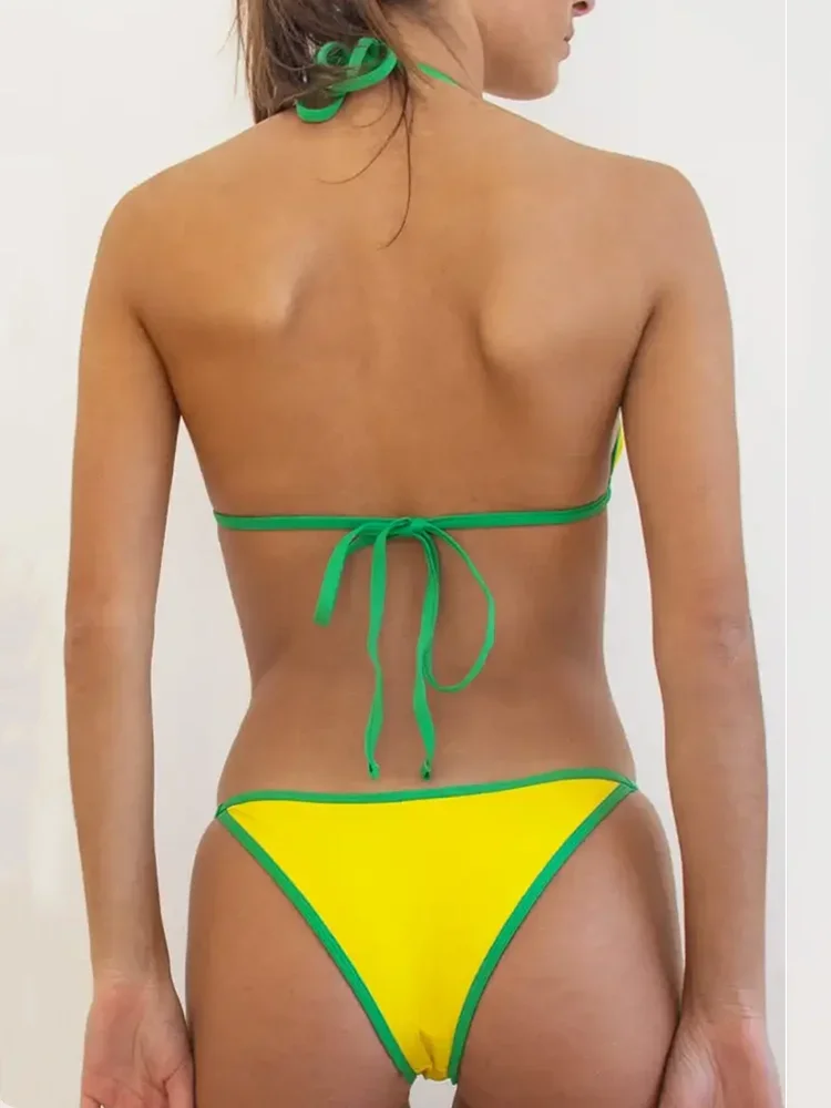 Absobe Brazilian Contrast Color Bikini Set Triangle Women Swimwear Patchwork Halter Swimsuit Hottie Summer Party Beachwear 2024