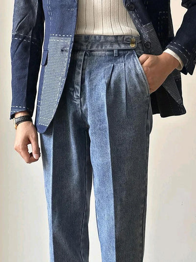 Naples Jean Trousers For Men 2024 Fall Trendy Solid Color Washed Denim Pants Mens Stylish Slim Fit Draped Design Straight Jeans