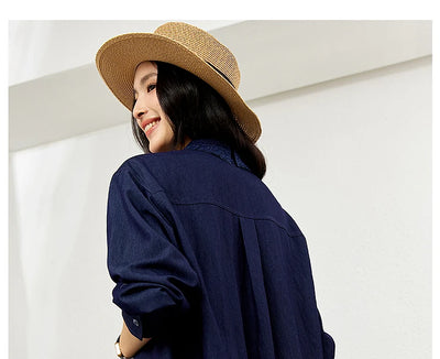 VIMLY Navy Blue Denim Suit Women's 2025 Autumn Outfits Vintage Lace Polo Collar Shirt Wide Legs Pants Ladies 2 Piece Sets A2526