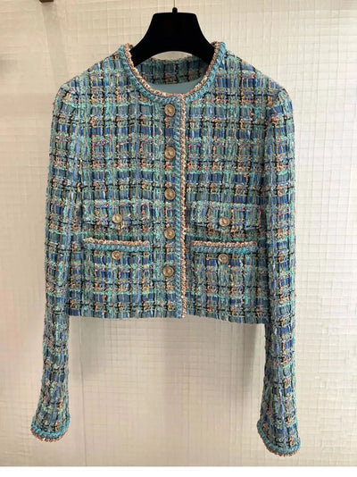 Autumn 2025 New Sle Blue een Tweed round Ne Single Button ort Quilted Jaet Women's Faion Outerwear Small Fraanc...
