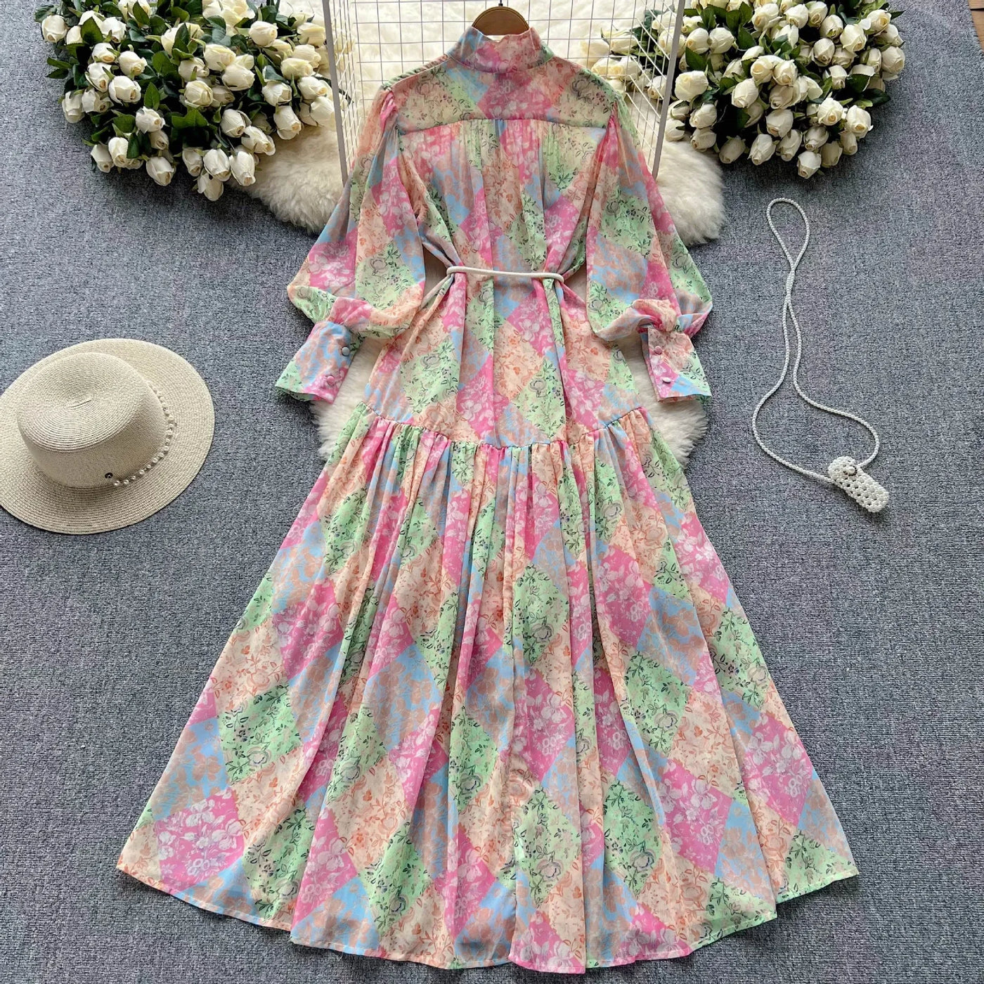 Long Dress Women Dresses A Line Chiffon Vestidos Stand Collar Streetwear Floral Print Elegant Splice Y2k Party Night High Waist