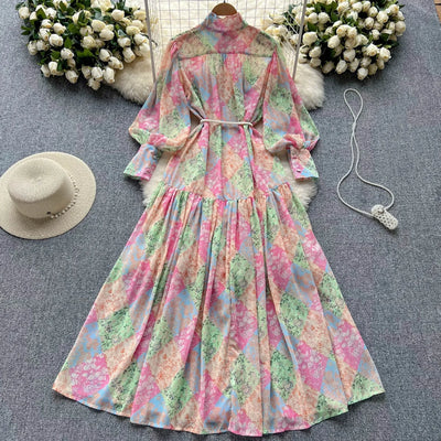 Long Dress Women Dresses A Line Chiffon Vestidos Stand Collar Streetwear Floral Print Elegant Splice Y2k Party Night High Waist