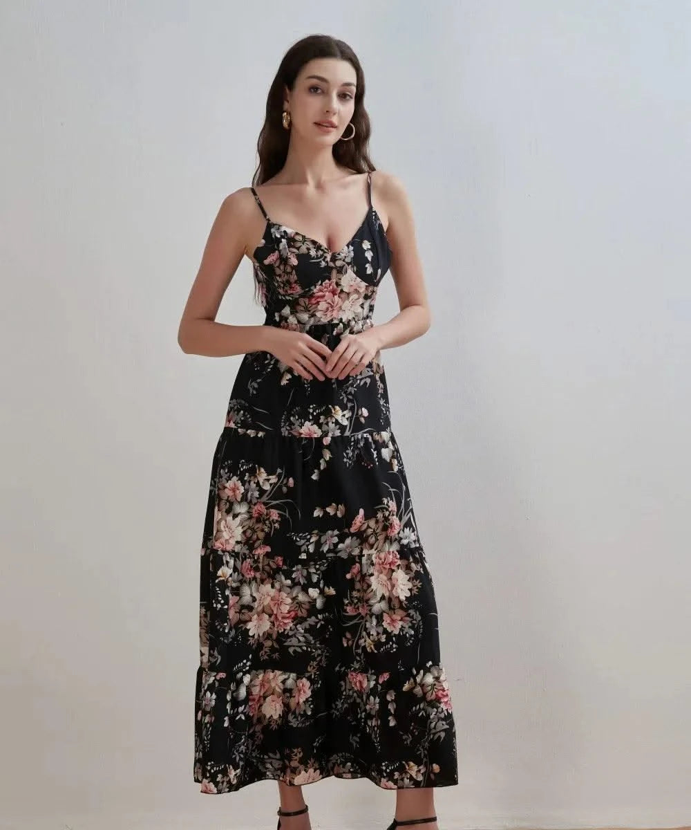 Women's Summer Black Floral V Neck Sleeveless Backless Halter Dress Fashion Elegant Sexy Bow Tie Black Backless Party Dresses