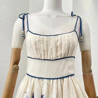 New Collection White Pleat Ruched Floral Print Sleeveless Women Midi Dress for Holiday