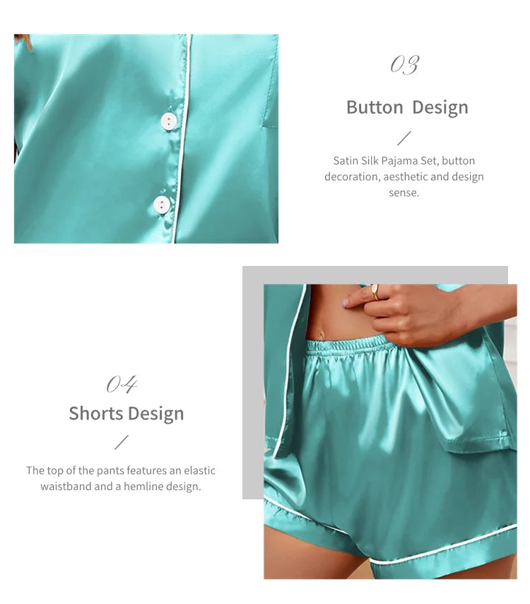 Women's Sleepwear Silk Satin Pajamas Set Button-Down Pyjama Shorts Suit Pijama Femme Loungewear Pj Sets Solid Color Home Clothes