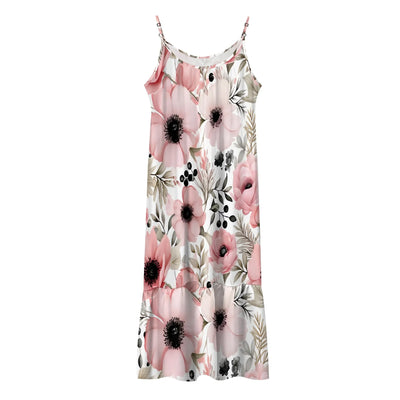 Women's Summer Dresses Watercolor Floral Pattern Midi Dress Spaghetti Strap Casual Flower Ruffle Loose Fit Flowy Dresses
