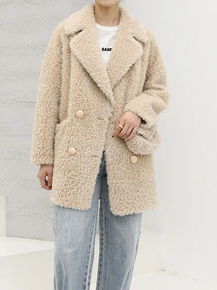 MENINA BONITA 2025 New  Luxury Winter Jacket Women's Coat Double-breasted Woven Real Natural Wool Fur Lapel Warm Loose Outerwear