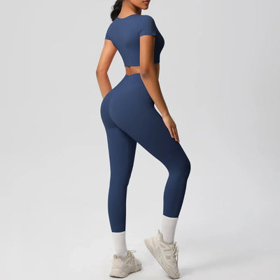 Yoga Set 2 Pieces Women Tracksuits Workout Sportswear Gym Clothing Fitness Short Sleeve With Padded High Waist Leggings Suits