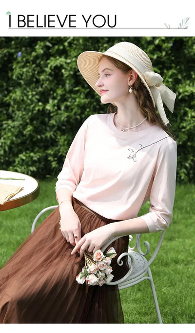 I BELIEVE YOU T-shirts for Women 2024 Autumn New Graphic Gentle Embroidery Three Quarter Sleeve Chic Base Clothing 2243015764