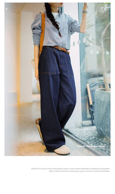 Maden Vintage Straight Denim Jeans with Washed YKK Zipper Loose Fit Casual Trousers for Women's Fall and Winter Versatile Pants