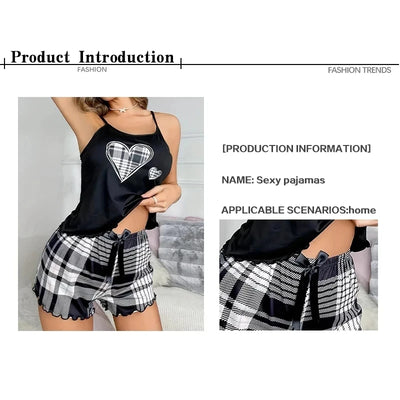 Sexy Nightwear Women's Suspenders Top Plaid Pants Fashion Sleepwear Homewear Two-Piece Set Ladies Pajamas Love Print Loungewear
