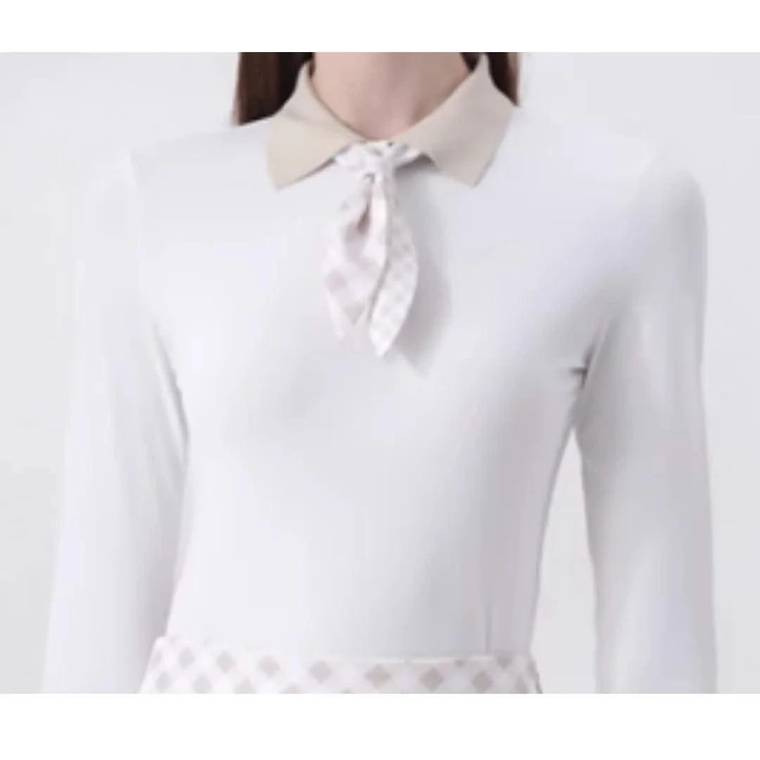 Women's Golfwear for Spring/Autumn Slim-Fit Long-Sleeve Top with Polo Collar and Bow Tie, High-End Golf Hundred-Pleat Skirt Suit