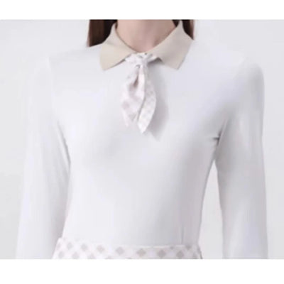 Women's Golfwear for Spring/Autumn Slim-Fit Long-Sleeve Top with Polo Collar and Bow Tie, High-End Golf Hundred-Pleat Skirt Suit