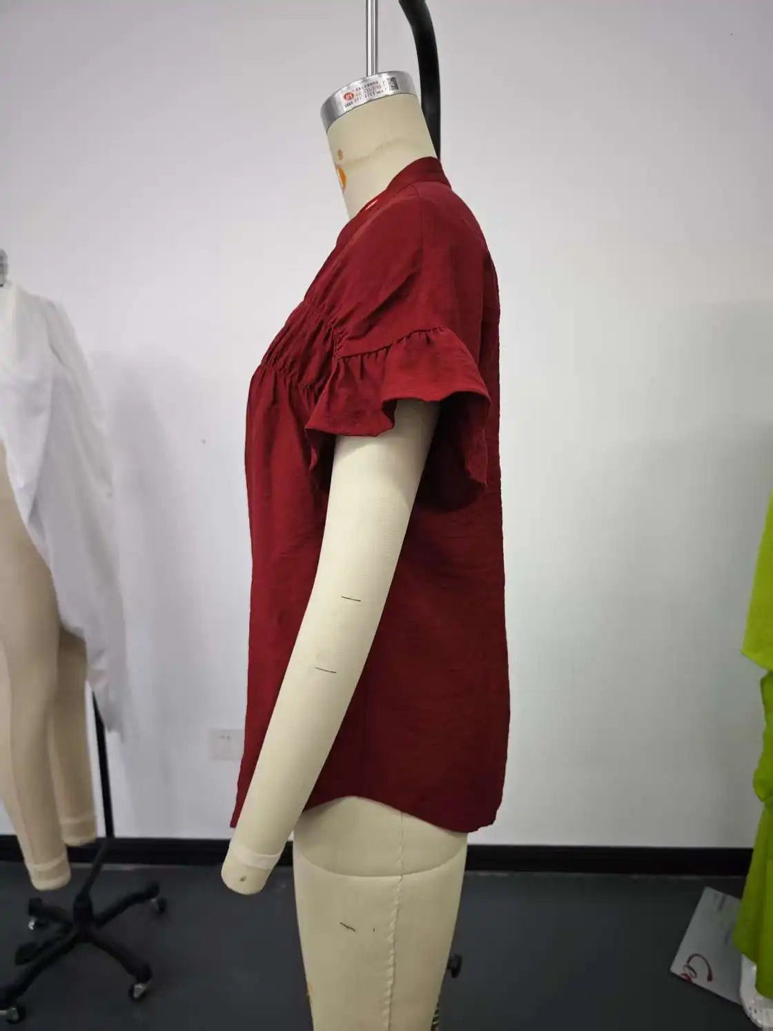 Women Button Solid Cotton Linen Blouses Summer 2025 Fashion Stand Up Short Sleeve Shirts Casual V-Neck Ruffles Office Lady Tops