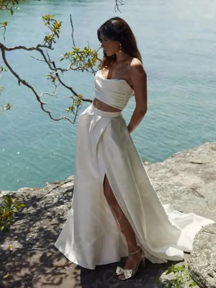 Beach Wedding Dresses Boho Bridal Gowns Summer Two Pieces Bride Dress 2024 Thigh Split Wedding Gown Strapless Sleeveless On Sale