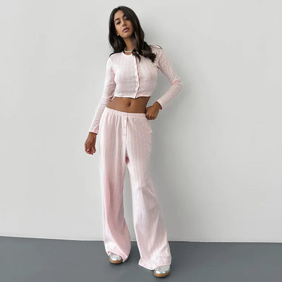 Women Homewear Two Piece Pajamas Set Elegant Long Sleeve Crop Top Wide Leg Pants Suit Outfits Loungewear Sleepwear Pyjamas