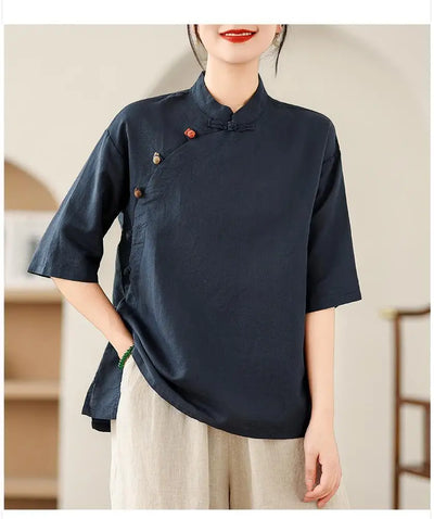 New Women's Retro Cotton Linen Short-sleeved Shirt with Diagonal Placket and Stand-up Collar Tea Top
