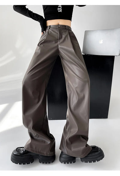 Women's Wide Leg Pants PU Straight Pants Autumn New Fashion Pantalones Mujer Solid Black Brown Leather Pants Women Streetwear