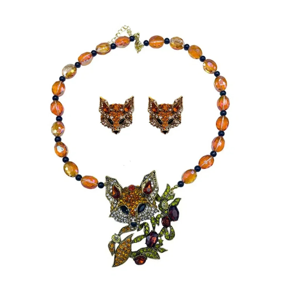 Luxury Crystal Cat Necklace Earrings Exaggerated Beaded Rhinestones Pendant Necklace Accessories Neck Jewelry