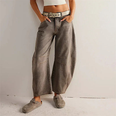 Midiross High Stretch Mid-Rise Barrel Jeans Fashion wide Leg Shape Women Casual Baggy Mid Waist Denim Jeans