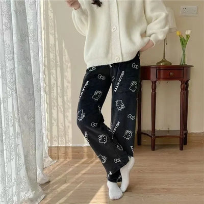 Thicken Hello Kitty Pajama Pants Sanrio Anime Fleece Double Elastic Fabric Soft Trousers Women Trousers Cartoon Birthday Gift
