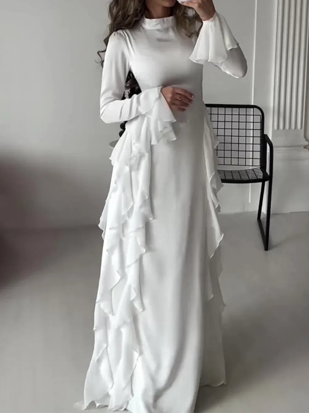 Muslim Women Flare Sleeve Evening Dress Jalabiya Eid Ramadan Arab Long Robe Dubai Ruffle Vestidos Largos Party Dresses Abayas