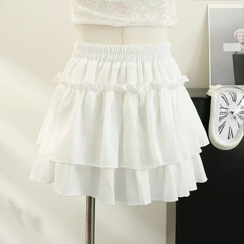 Pleated A-Line Skirt Women White Ruffle Sweet Tierred Pretty Style Skirt Elastic Waist Summer Slim Basic Korean Harajuku Dress