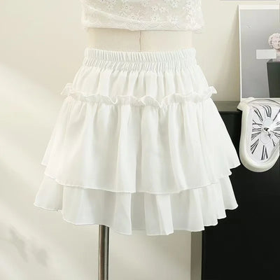 Pleated A-Line Skirt Women White Ruffle Sweet Tierred Pretty Style Skirt Elastic Waist Summer Slim Basic Korean Harajuku Dress