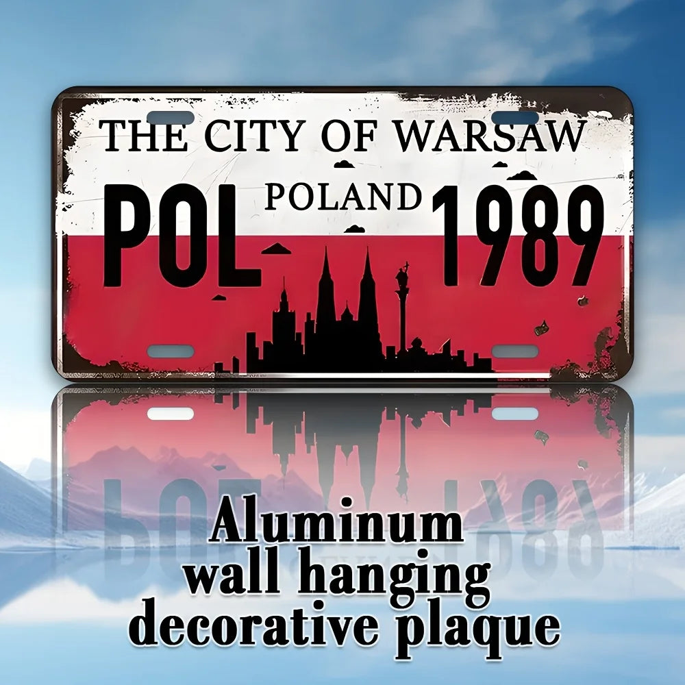 Warsaw 1989 Aluminum Wall Art -  Retro Metal License Plate with Cityscape Design, Polish Flag & "POL" Text, Durable Decor for H
