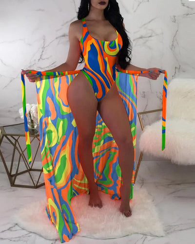 2024 New Summer Bikinis Set Sexy Backless Print Bikinis 3 Piece Set Women Smock Split Swimsuit High Waist Vacation Beach Bikinis