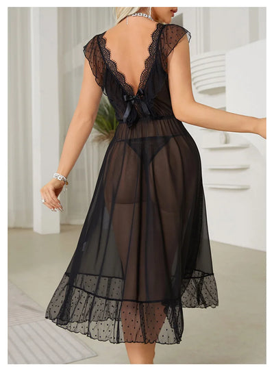 Women's Sexy Lingerie Nightgown Semi Sheer Babydoll Sleepwear Dress With Polka Dots Bow Knot Decor Summer Mesh V-Neck Loungewear