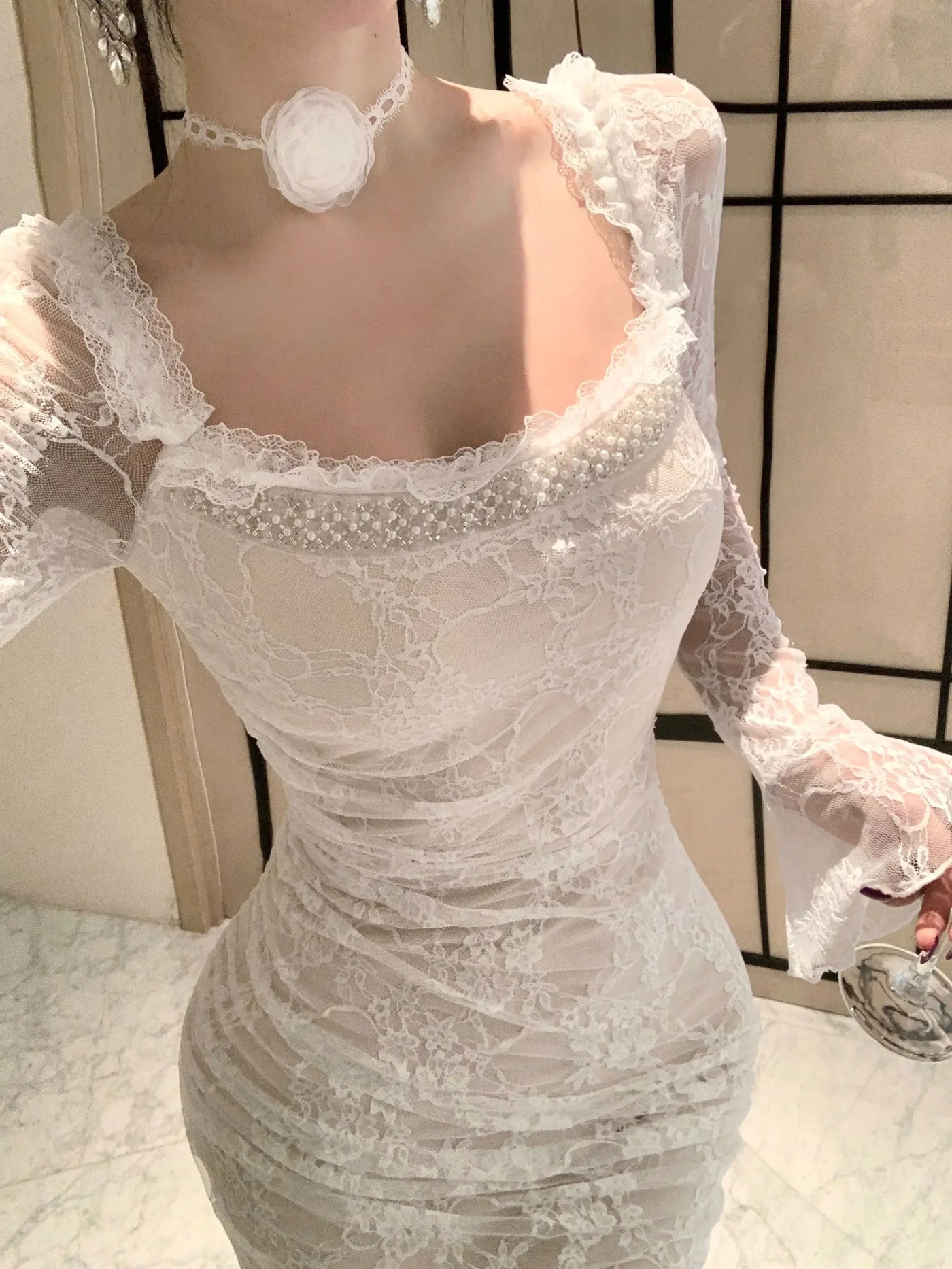 Women Korean Fashion Chic Luxury Evening Dress Autumn Winter White Lace Diamond Square Collar Dress 2025 Elegant Mermaid Dresses
