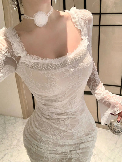 Women Korean Fashion Chic Luxury Evening Dress Autumn Winter White Lace Diamond Square Collar Dress 2025 Elegant Mermaid Dresses