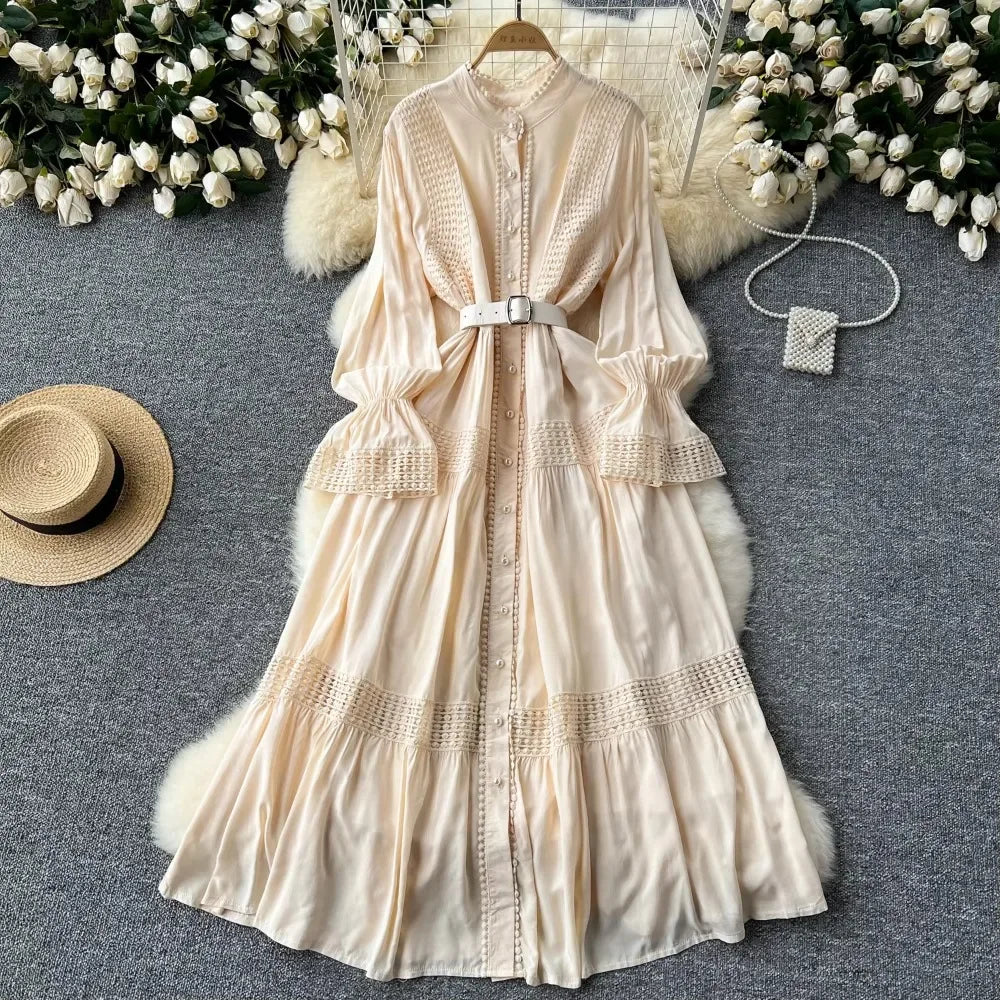 Retro Elegant Summer Stand Collar Flare Sleeve Single Breasted Lace Spliced Dress A-line French Evening Party Women Dresses
