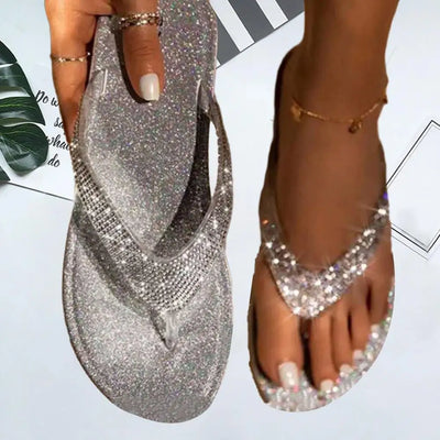 1 Pair Slippers Women Summer Thong Sandals Rhinestone Slippers Flat Heel Flip Flops Beach Sandals Summer Slippers - Elanique