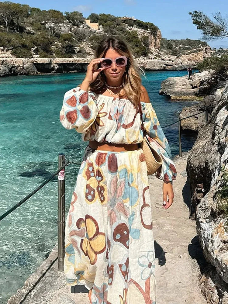 Women Elegant Printed Cotton Linen 2-piece Sets Fashion Long Sleeves Slim Fit Tops Long Skirt Set Lady Summer High Street Wear