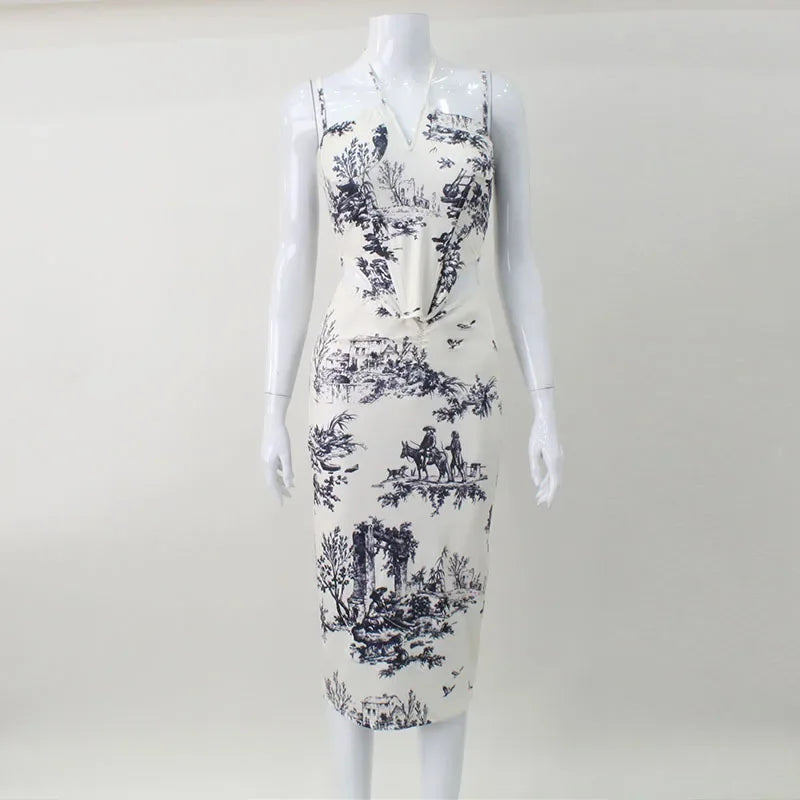 Elegant Casual Printed Tracksuits for Women 2 Piece Sexy Fashion Slash Neck Sleeveless (Tops+Skirt) Slim Fit Hip Wrap Female Set