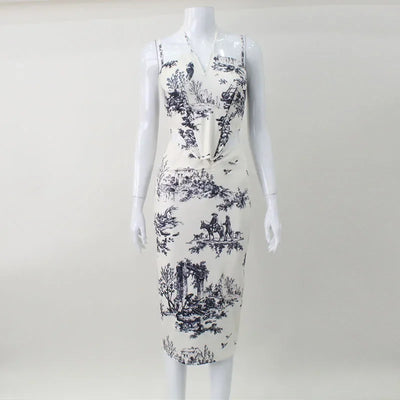 Elegant Casual Printed Tracksuits for Women 2 Piece Sexy Fashion Slash Neck Sleeveless (Tops+Skirt) Slim Fit Hip Wrap Female Set
